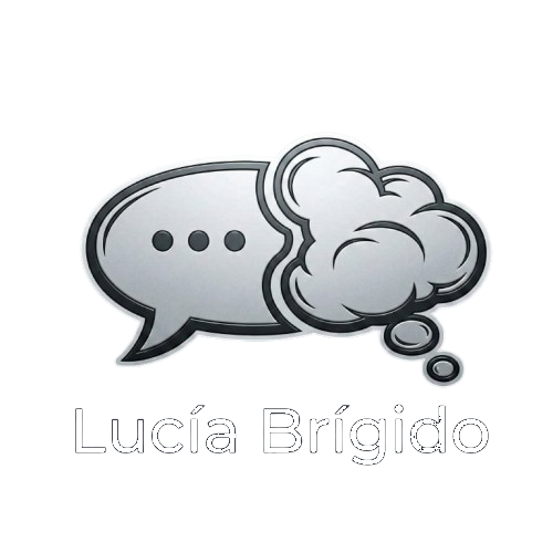 Logo de Lucía Brígido, que presenta un bocadillo de diálogo con un diseño moderno y elementos de pensamiento, simbolizando comunicación y creatividad.
